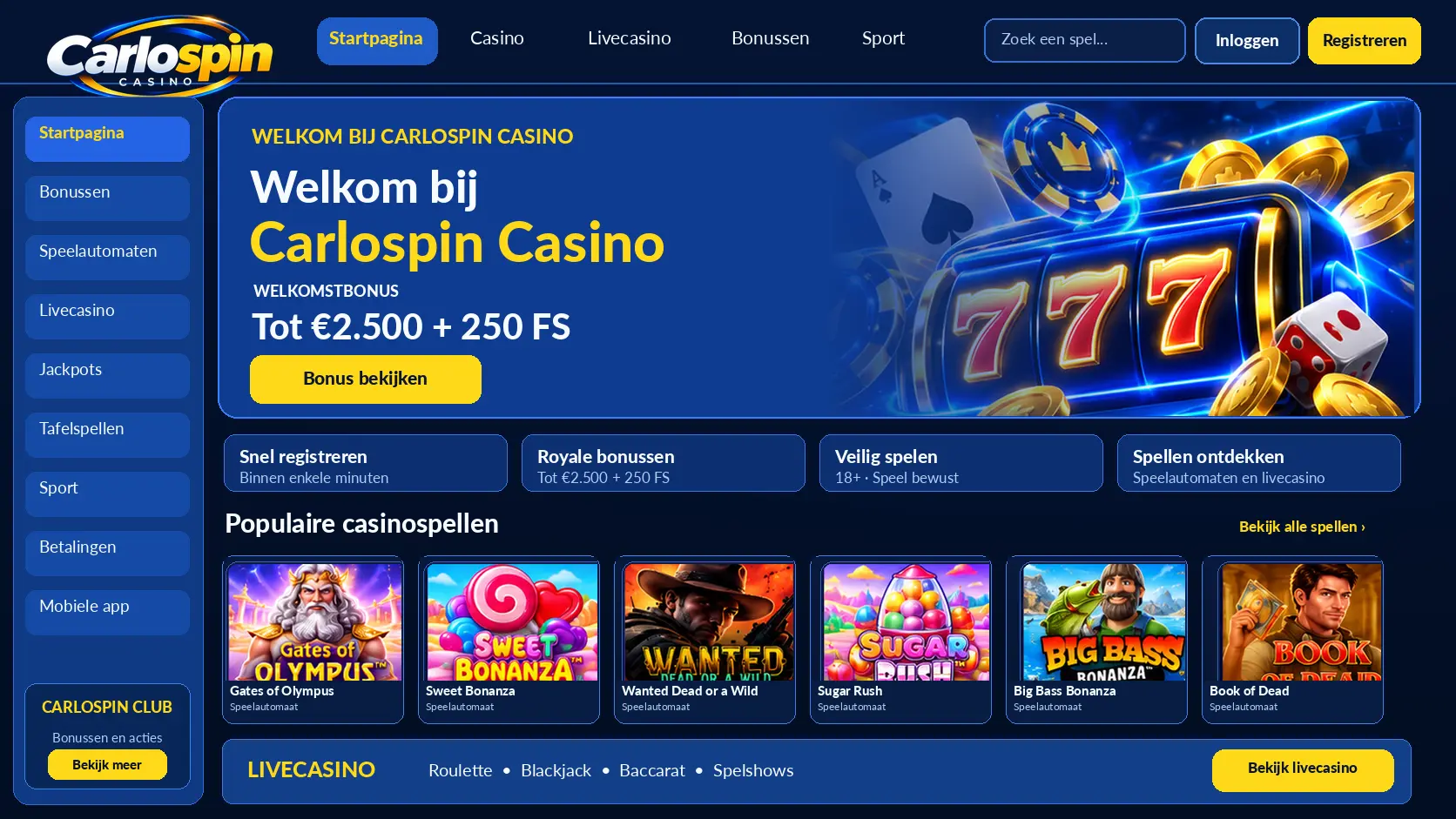 Carlospin Casino Nederland: Spelkeuze, Live Tafels en Opnames image 1