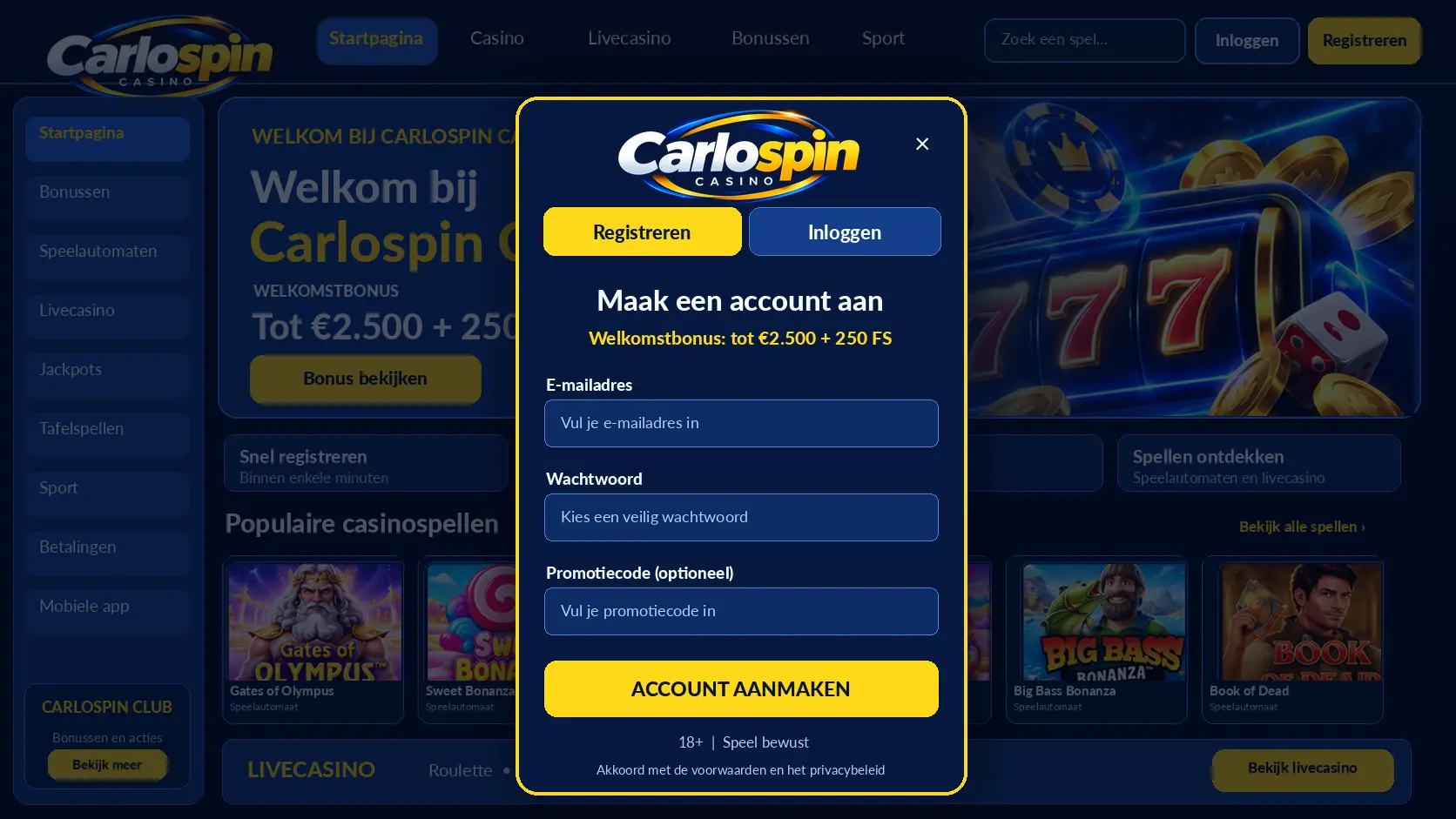 Carlospin Casino Nederland: Spelkeuze, Live Tafels en Opnames image 2